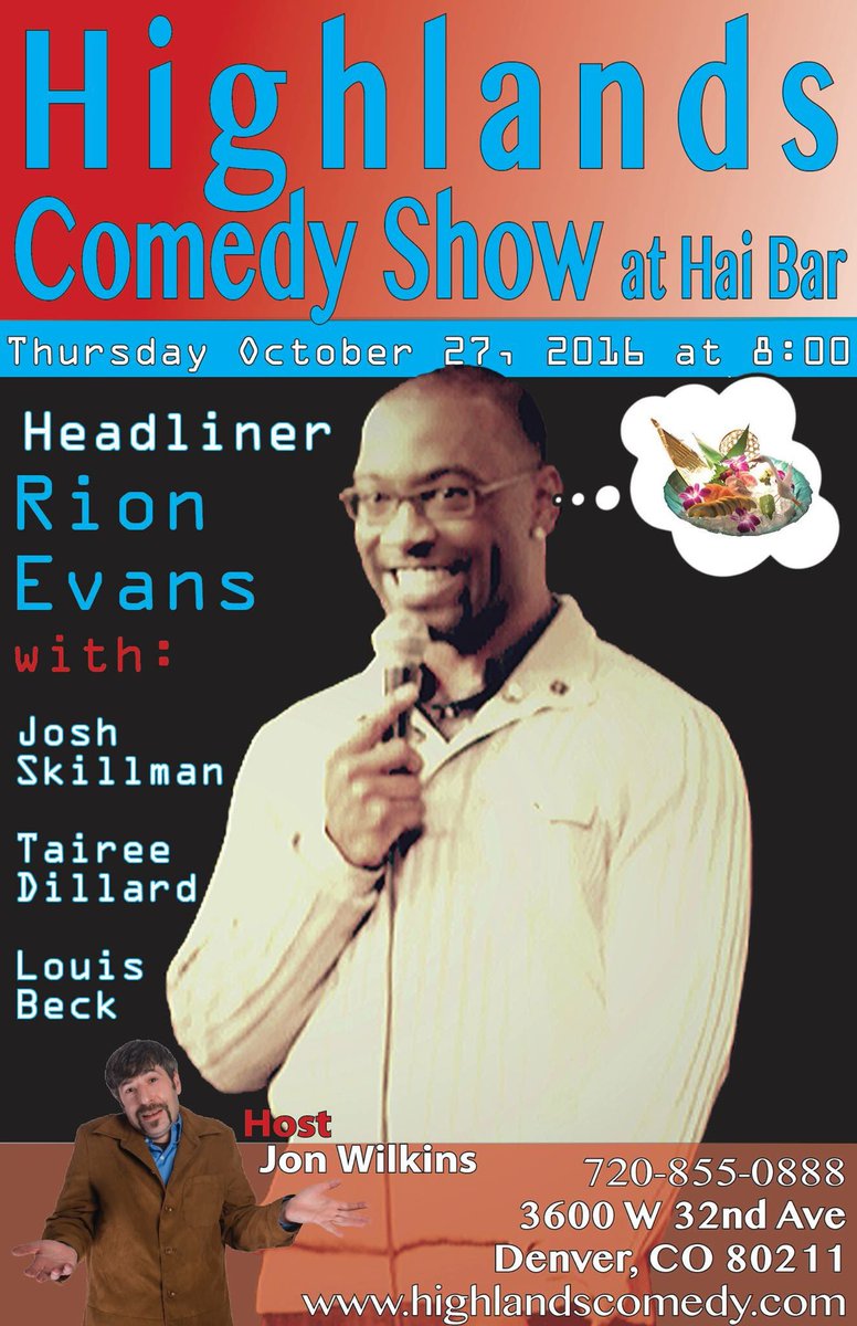 HighlandsComedy's tweet photo. Thursday 8:00 Rion Evan is Headlining so get your tickets because he's a funny one! Answering the question can you get good food and Comedy? https://t.co/lndW1Rn7j6