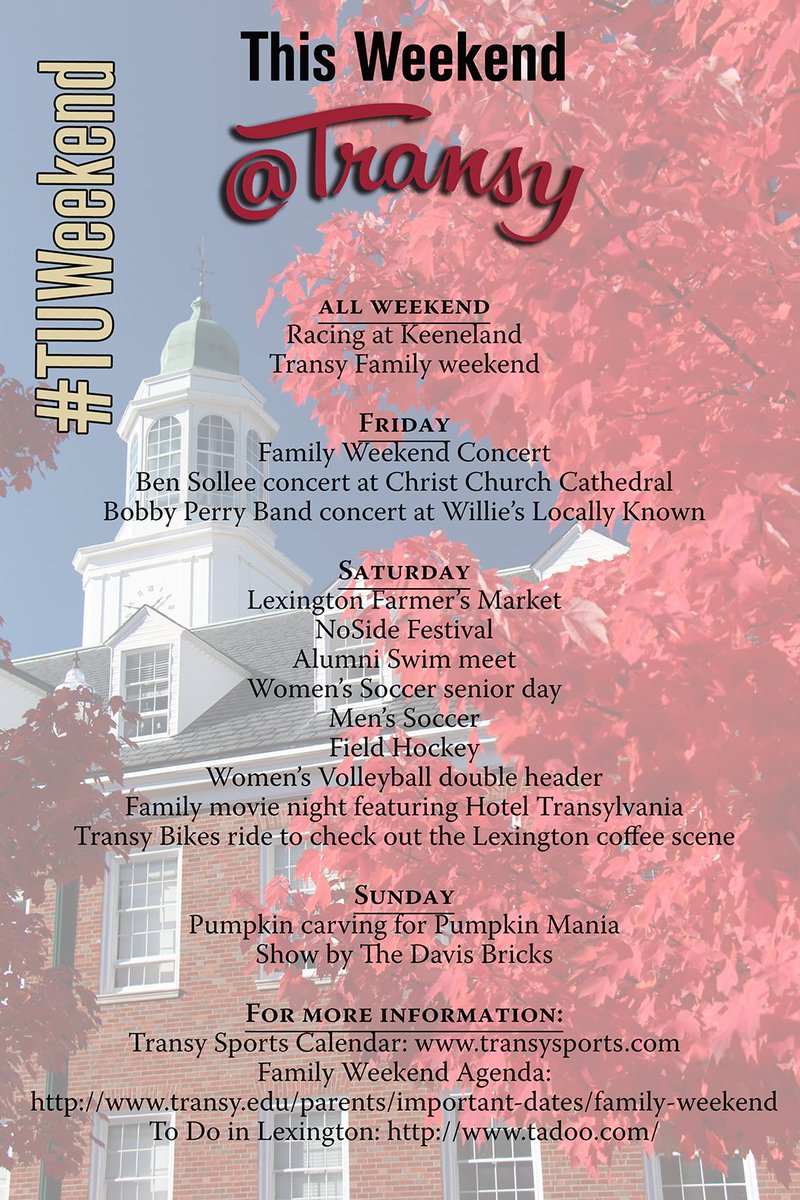 beapioneer's tweet photo. Another #TUWeekend is upon us.  Excited for Family Weekend &amp; all the other great happenings on @Transy's campus &amp; in Lexington!  #beapioneer https://t.co/P7FNkWw5fN