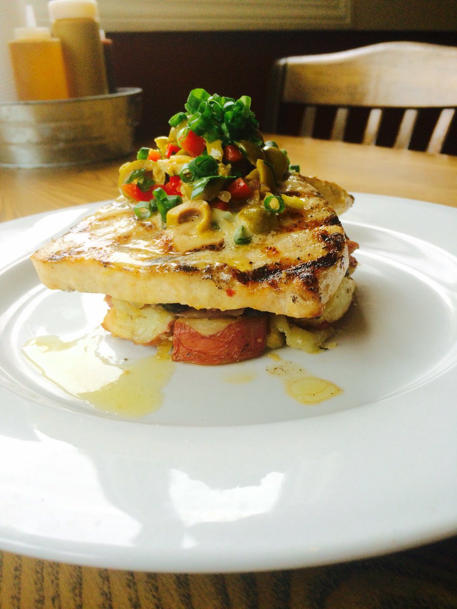 Tonight's entree special- grilled swordfish with @langwaterfarm mustard greens, roasted red bliss &amp; olive relish #2jerksbbq #raynhamma