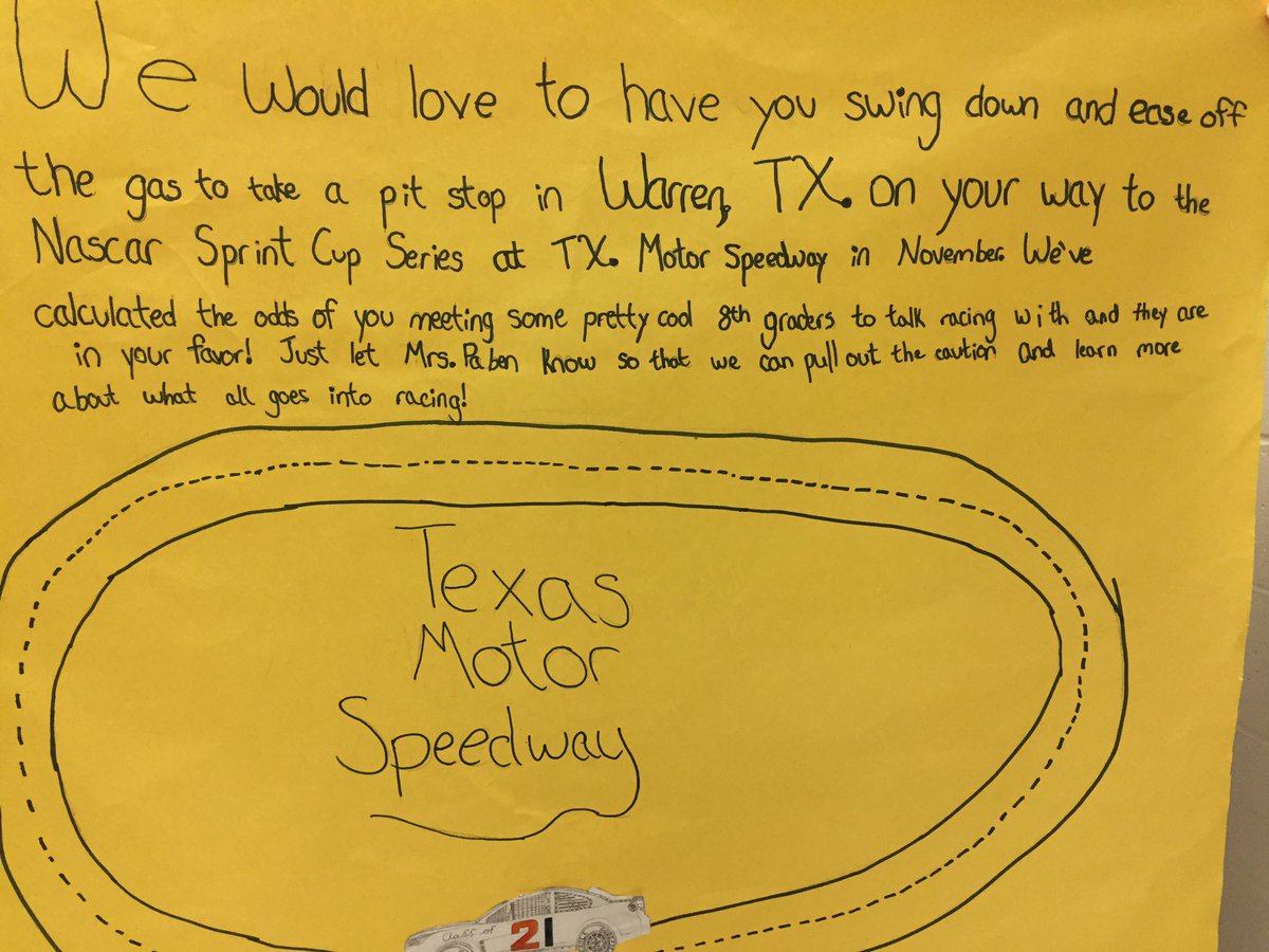 ayoungpaben's tweet photo. My students want to send a special thanks to @NickBromberg for answering our @NASCAR questions! #pabenmathquest @daisyray215 @bradmceachern https://t.co/bjuu5P8rx3