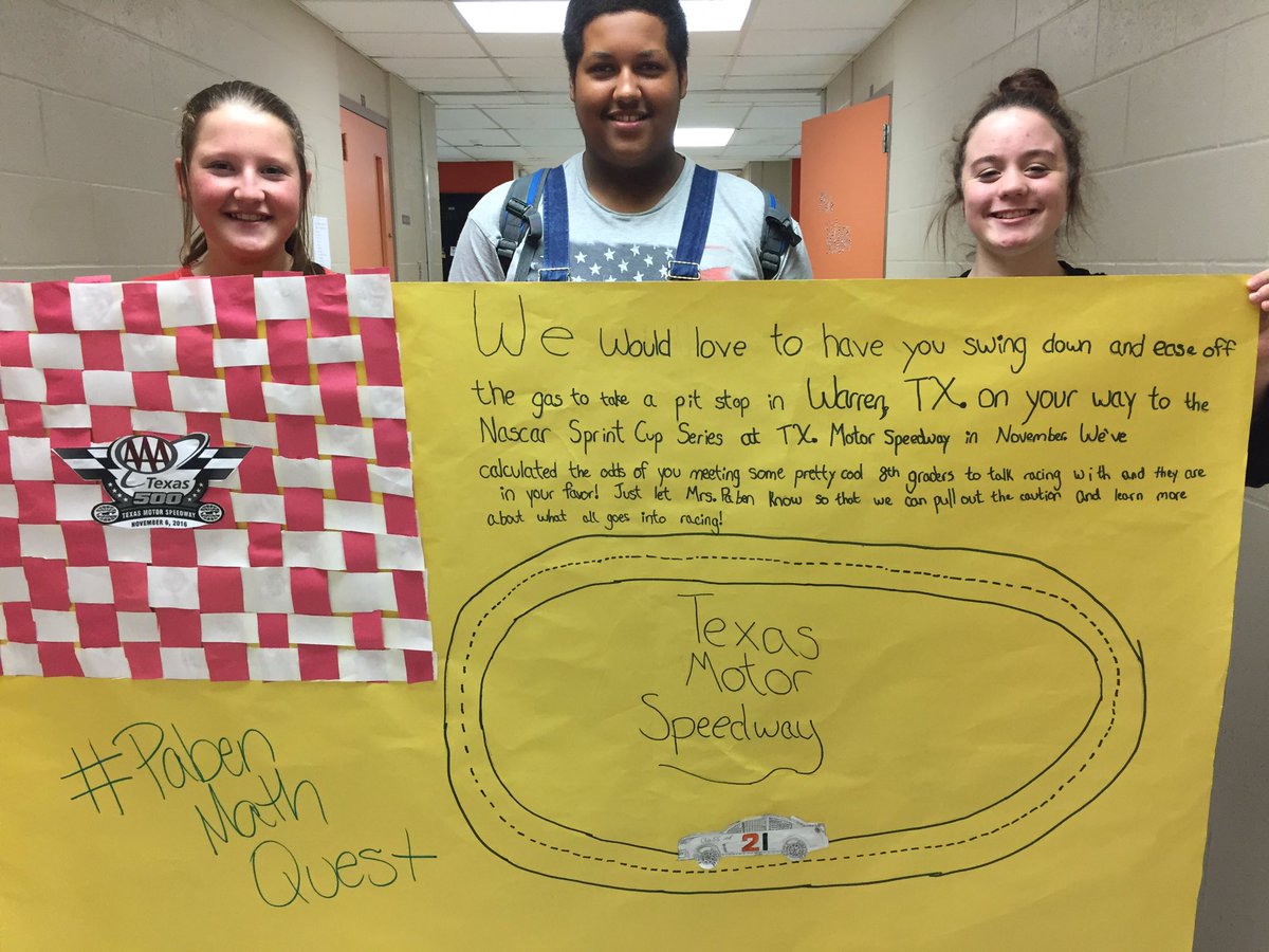 ayoungpaben's tweet photo. My students want to send a special thanks to @NickBromberg for answering our @NASCAR questions! #pabenmathquest @daisyray215 @bradmceachern https://t.co/bjuu5P8rx3