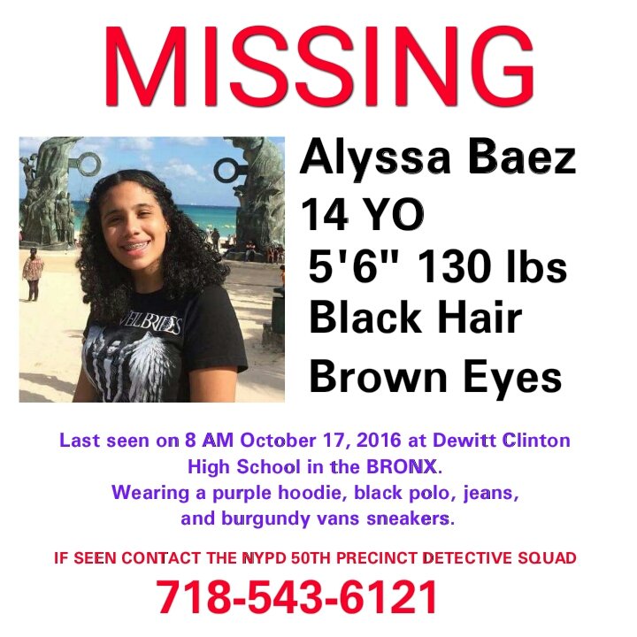 BrandiceInNYC's tweet photo. @SadeABC PLEASE ASSIST IN LOCATING MISSING PERSON ALYSSA BAEZ. The 14YO has been missing since Monday. NYPD DCPI issued #FindAlyssa https://t.co/en2vLjuCJY
