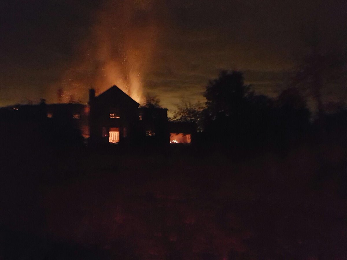DubFireBrigade's tweet photo. Garristown: We had a number of units fight an extensive fire in a large derelict house. 1 pump will remain to damp down and prevent rekindle https://t.co/sqcg21pKDj