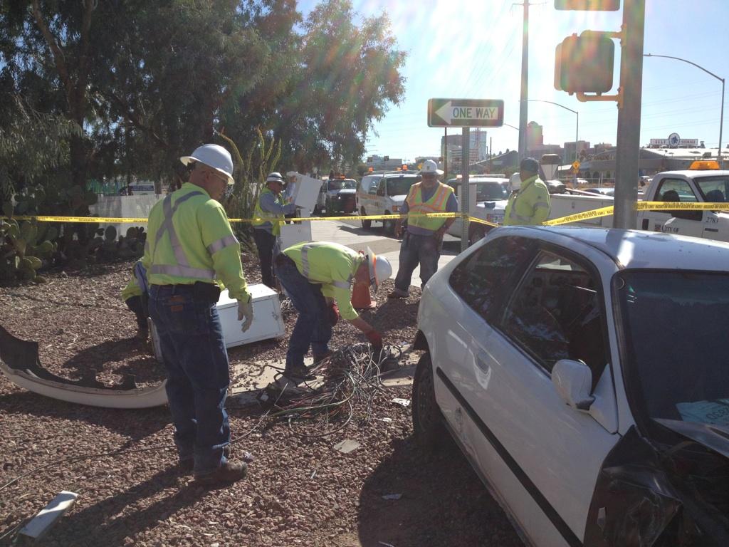 Tucson_DTM's tweet photo. #TDOT crews repairing traffic signal control cabinet at St. Mary's/I-10 due to vehicle crash. Signals out for 6 hours. Treat as 4-way stop. https://t.co/L5wxGQXcEn