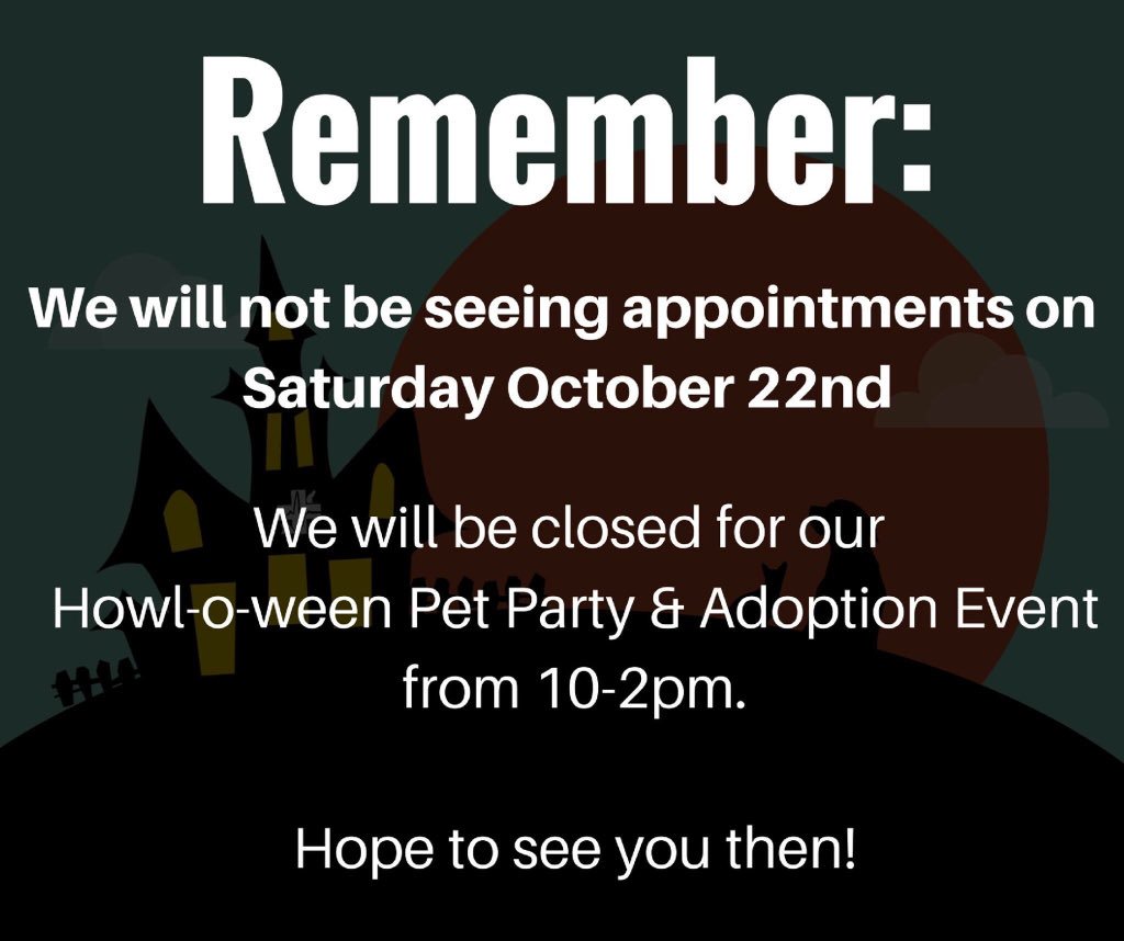 LakeviewAnimalH's tweet photo. No appointments available tomorrow. We hope to see everyone for our Howloween Party &amp; Adoption event! @TiredDogRescue https://t.co/Jwd2aQQppS