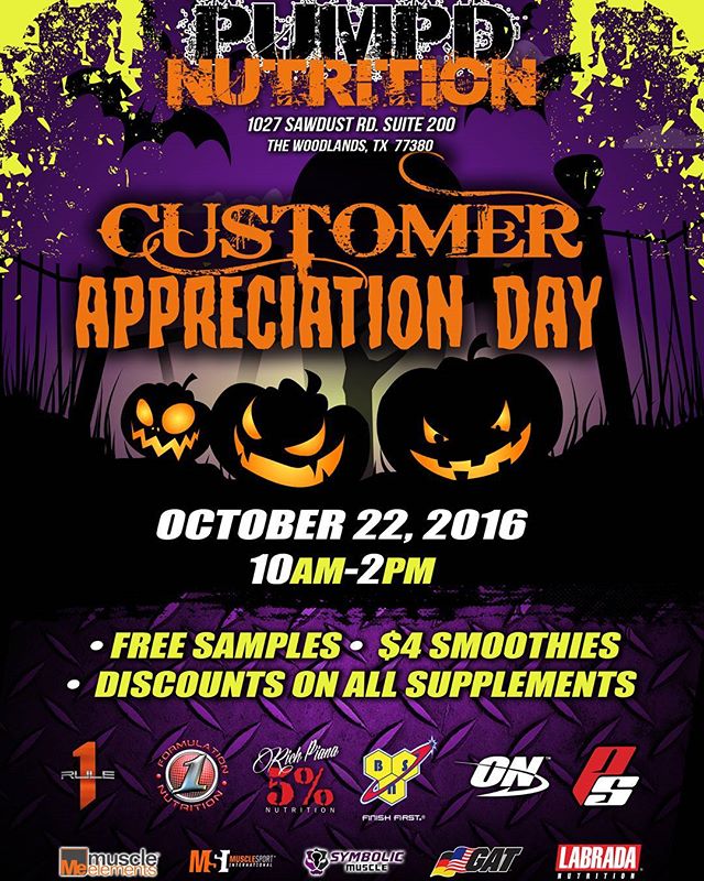 SymbolicMuscle's tweet photo. We are very excited to be apart of the @pumpdnutritionwoodlands Halloween themed Customer Appreciation Day! Samples will be available of all https://t.co/F9iOIae6fK