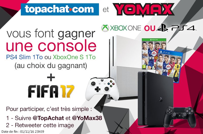 YoMax38's tweet photo. RT + Follow @TopAchat et @YoMax38 pour gagner une PS4 ou une Xbox One + FIFA 17 ! TAS en live vendredi 28/10 https://t.co/B80Zi1iTJf https://t.co/ciSDKDfgip