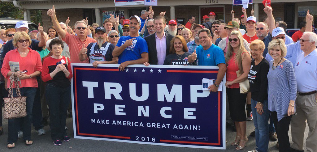 EricTrump's tweet photo. Big crowds for @LaraLeaTrump and me all over North Carolina today!!! #MakeAmericaGreatAgain #TrumpTrain 🚂💨💨🇺🇸🇺🇸🇺🇸 https://t.co/L3lDEUKfuO