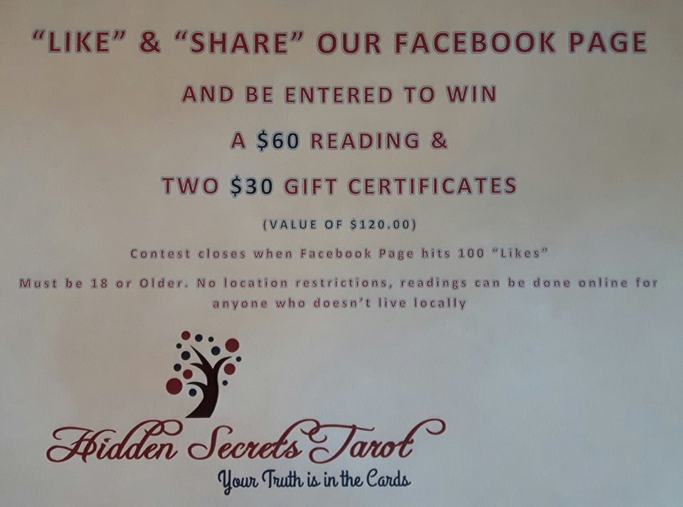 HdnCretsTarot's tweet photo. "Like" &amp; "Share" our #Facebook #page for a #chance to #win!
#hiddensecretstarot #winning #lovefreestuff #wootwoot #like #share https://t.co/oiBizKQUIh