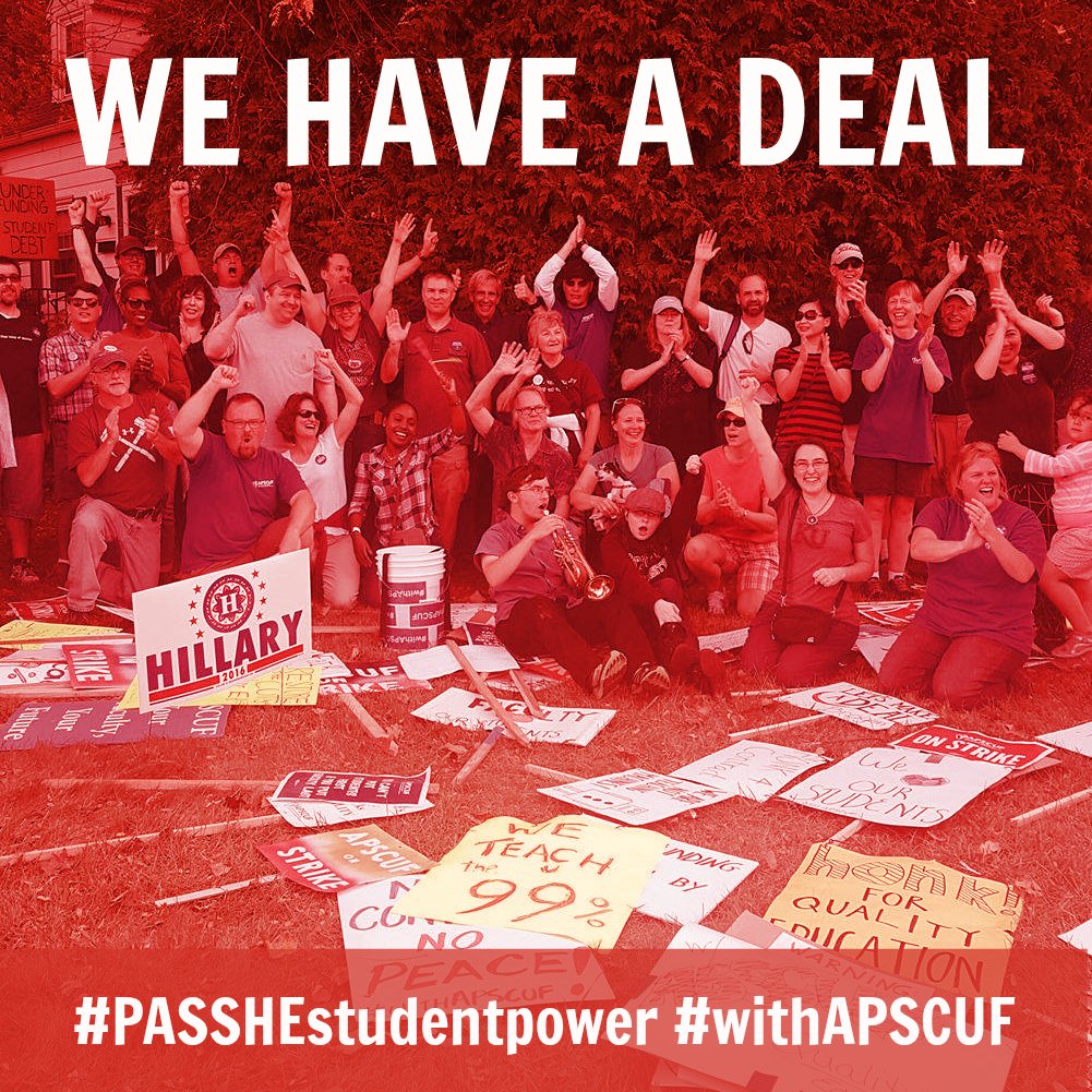 radyouthco's tweet photo. The people, united, will never be defeated! After a 3 day strike, PASSHE faculty have a deal! #PASSHEstudentpower #withAPSCUF https://t.co/LWc5y5xzPe