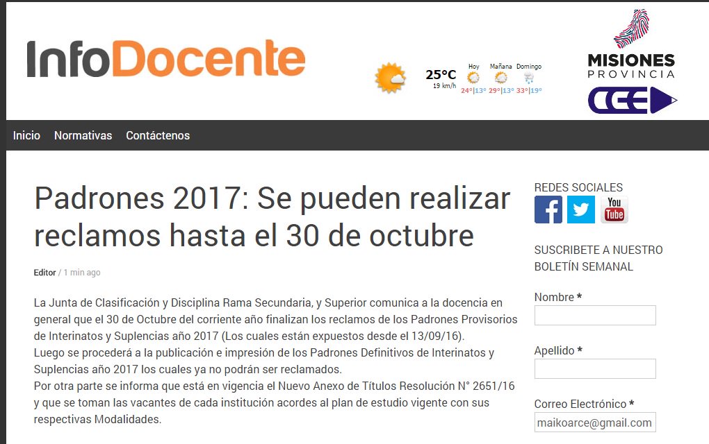 PADRONES 2017 el 30 de octubre vence plazo para reclamos cgepm.gov.ar:8888/prensa/?p=5771 <a href="/misioneseduca/">Educación Misiones</a> <a href="/misionesconecta/">Misiones Conectada</a> <a href="/DESMISIONES/">DES Misiones</a>