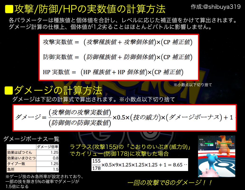 しぶ ポケモンgo Cp 各パラメータ ダメージの計算方法をまとめてみました 厳密に個体値を調べたい場合や パーティ考察する際の参考になれば幸いです 攻撃力だけをみるとラプカビより高いポケモンが結構いるので いろんなポケモンを使うことで戦略と