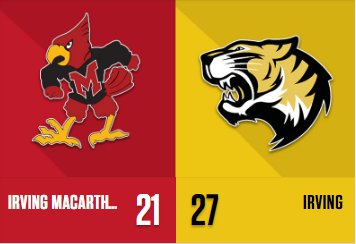 SportsDayHS's tweet photo. FINAL: @IrvingHigh 27, @MacArthurTX 21

Irving outscores MacArthur 22-7 in the second half 

Stats: https://t.co/yciFPfdCBB #txhsfb https://t.co/1styHvQcr0