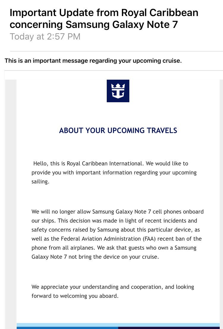 chadbostick's tweet photo. #GalaxyNote7 banned from @RoyalCaribbean cruises. https://t.co/XnyJ54zs4j