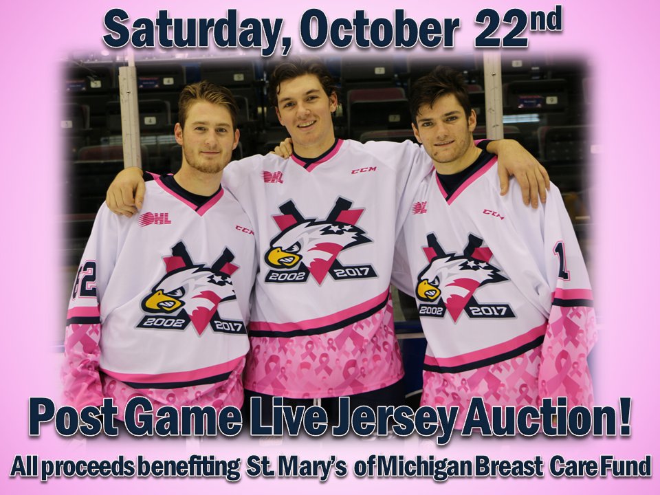 SpiritHockey's tweet photo. The boys will be looking good tomorrow for the 10th Annual #PinkOut Game presented by St. Mary's of Michigan

Show your support &amp; wear PINK! https://t.co/NFm5VS7Vwe