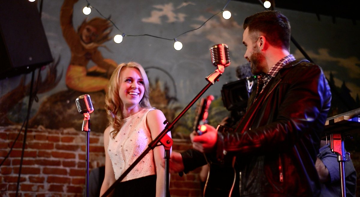 breakthmusical's tweet photo. Our leads are all smiles in this BTS shot during filming of our finale episode! Watch it today! #breakthemusical #musical #brianjustincrum https://t.co/TleH8M5tJ0