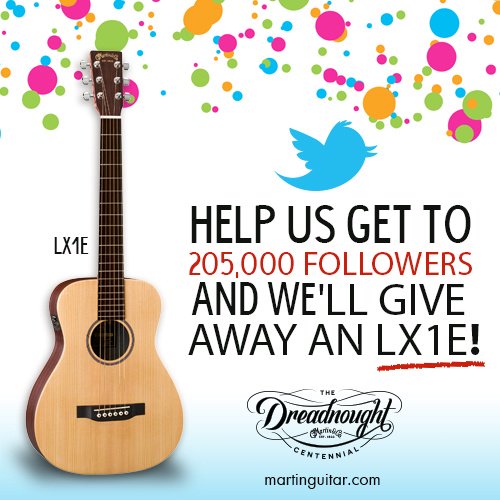 MartinGuitar's tweet photo. Tweet Tweet Tweet! Help us get to 205K followers and you could win this LX1E. #MartinPride #XMarksTheSpot https://t.co/qSdRhiIbbq