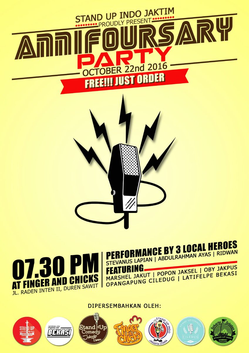 Nanti malam perayaan ultah ke 4 Stand Up Jaktim hanya di <a href="/fingerandchicks/">Finger & Chicks</a> , cc <a href="/standup_KASKUS/">SUCKAS</a> <a href="/SUC_Batavia/">bukanStandUp Batavia</a>