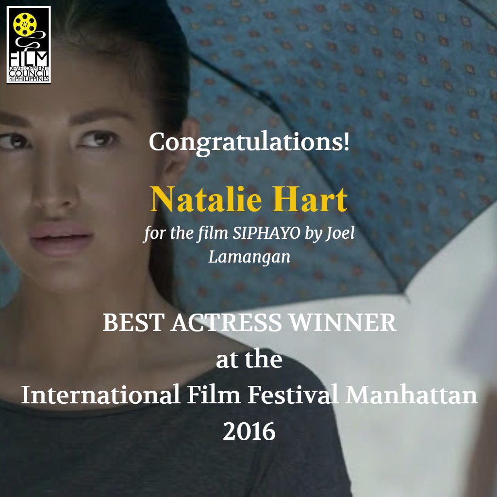fdcpofficial's tweet photo. FDCP congratulates Natalie Hart for winning the Best Actress Award for the film SIPHAYO by Direk Joel Lamangan at #IFFM2016! https://t.co/kd5vjuOm5T