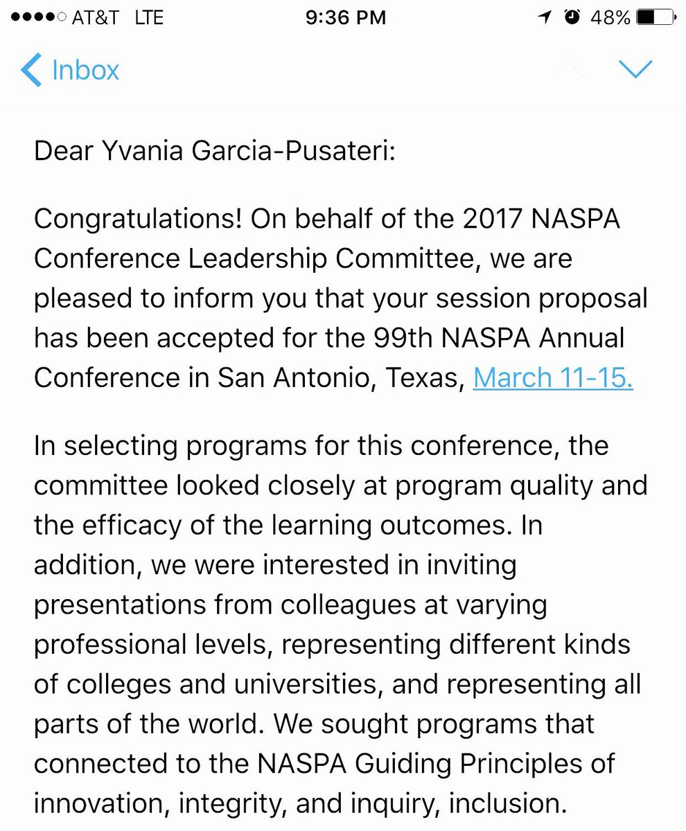 YvaniaGP's tweet image. Great way to end my Friday! Glad I'm all registered! #NASPA17 #ProposalAccepted #SAPro #LatinaScholar