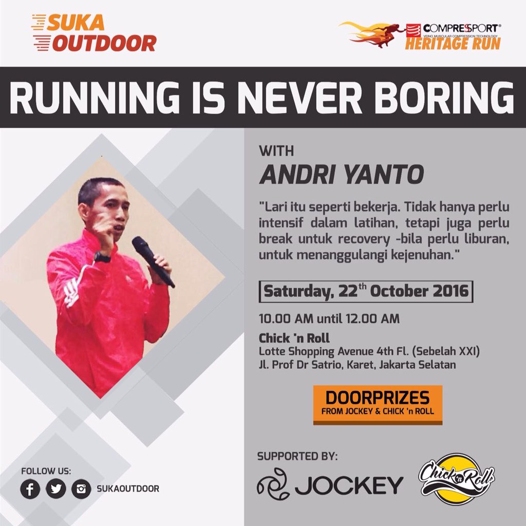 Happening now! .
"Running is never boring," by Andriyanto, a running experts. Supported by <a href="/jockey_id/">Jockey</a> &amp; <a href="/chicknroll/">Chick'N'Roll</a> #CompressportRunJKT