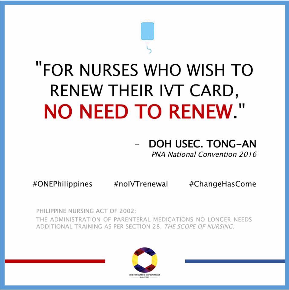 OneforNursingPH's tweet photo. "For nurses who wish to renew their IVT card, NO NEED TO RENEW." - DOH USec Tong-An
-
#noIVTrenewal
#ChangeHasCome
#ONEPhilippines https://t.co/JrbaZvksPn