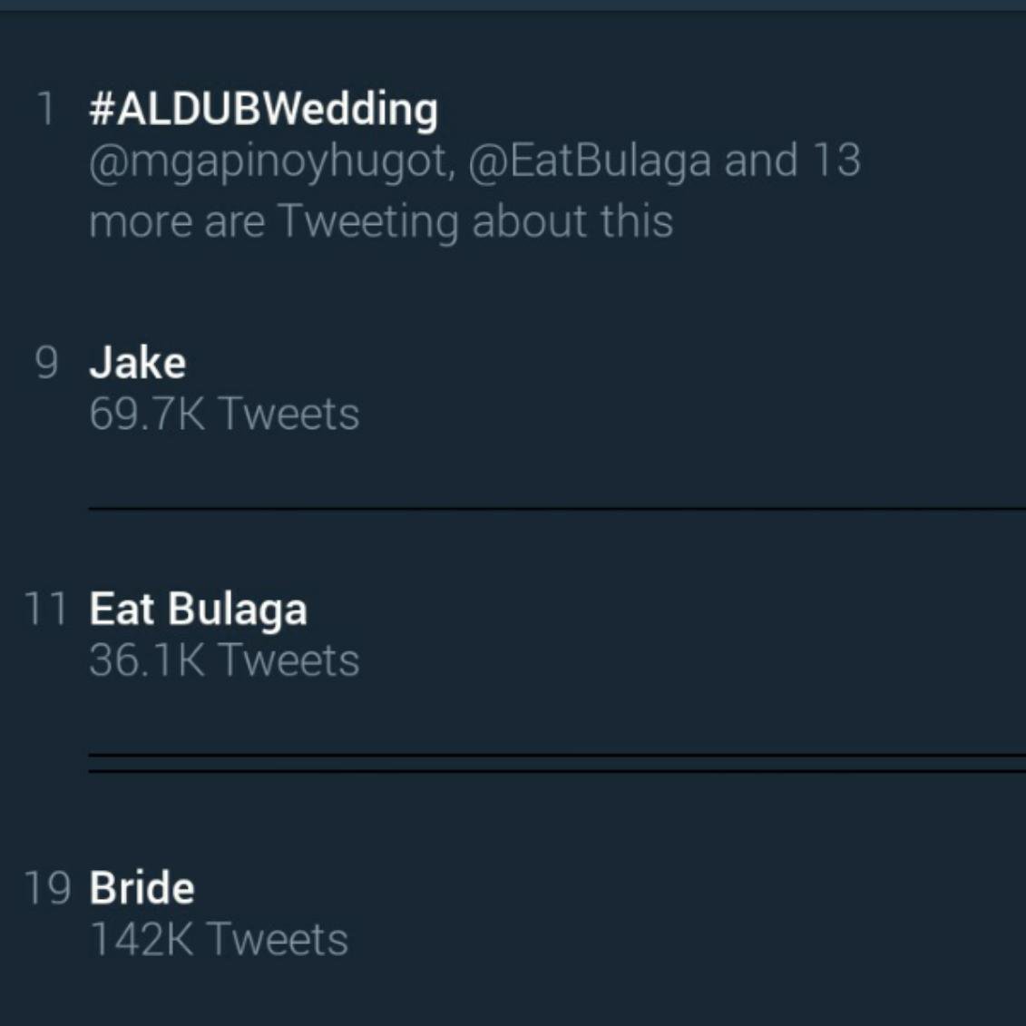 TMBSpogifyArmy's tweet photo. #ALDUBWedding  Jake EatBulaga and bride trending na! https://t.co/ks52zfPEzQ
