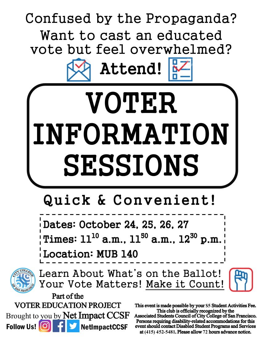 NetImpactCCSF's tweet photo. P.S. Monday we're also kick-starting Voter Info Sessions. Interactive learning sessions about municipal government. #MakeAnEducatedVote https://t.co/sbBxvi2ifw