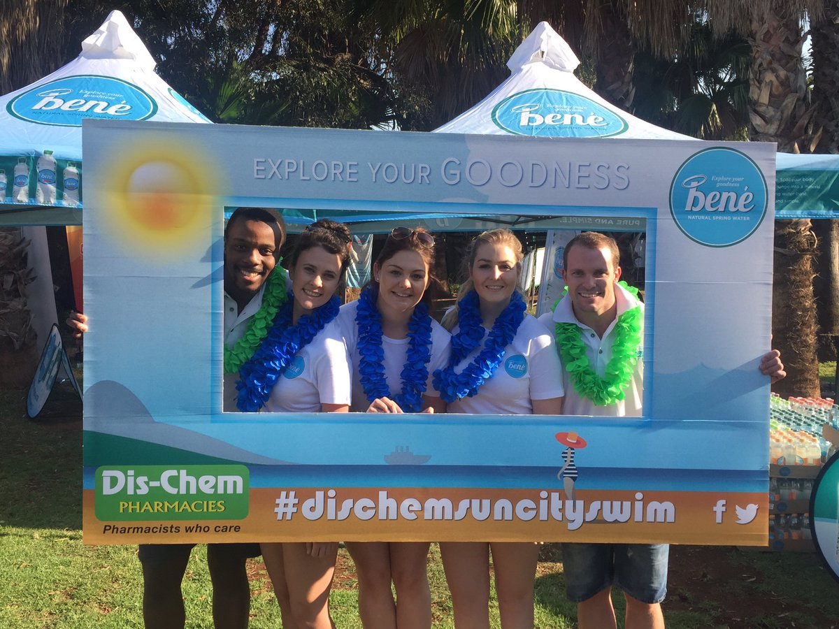 Our Bené team is ready for the Dischem Sun City Swim 2016! Come and take a photo with us!😃 #benewater #dischem #dischemsuncityswim <a href="/Dischem/">Dis-Chem</a>