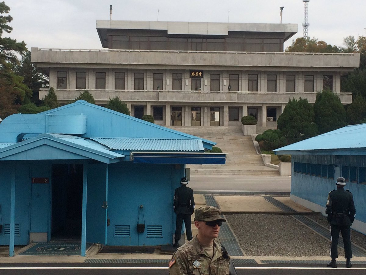pafl's tweet photo. Day of reflection at the DMZ overlooking the North Korea "welcome center" https://t.co/8ZrFivQ0Qc