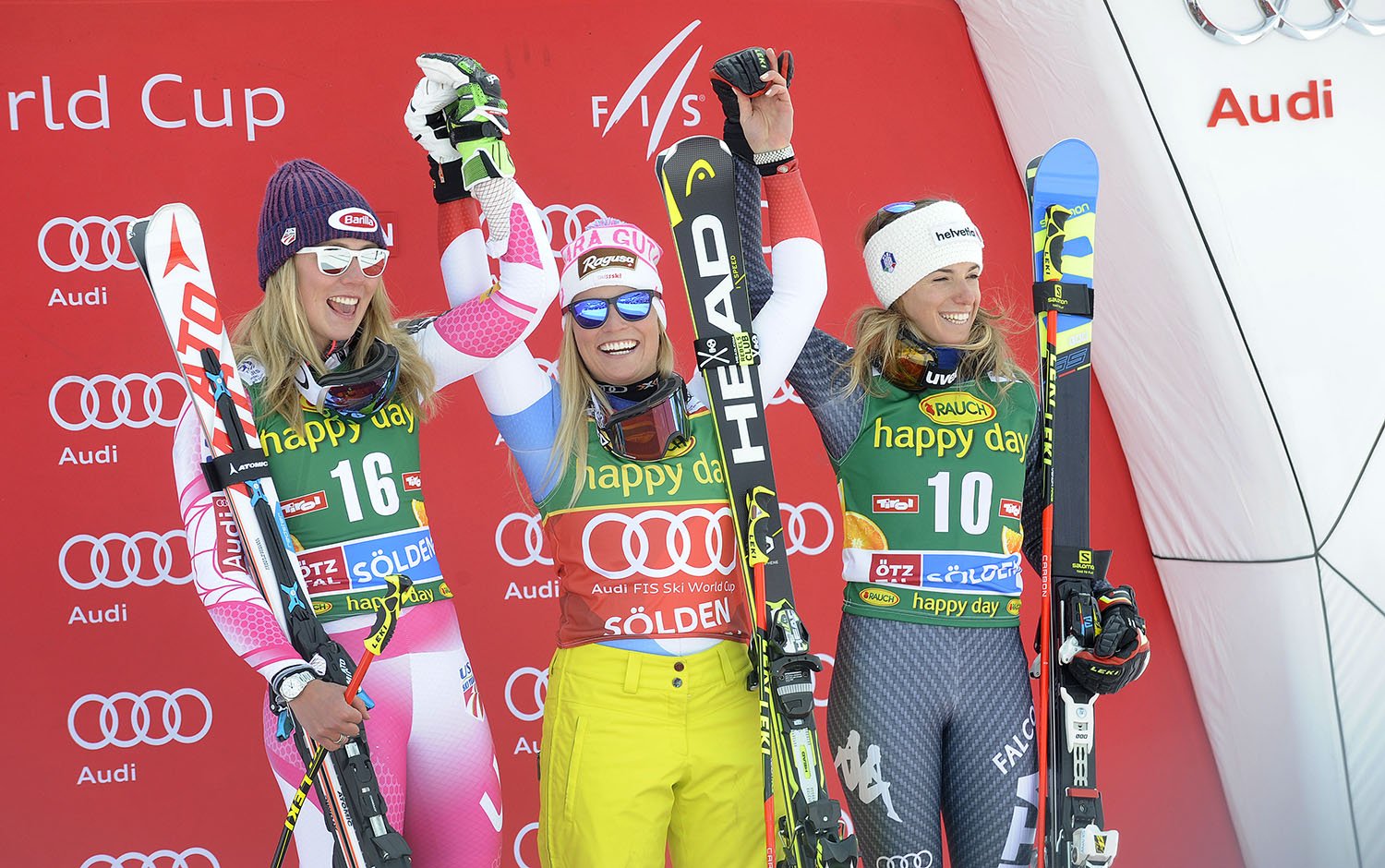 lara gut, mikaela shiffrin, marta bassino, soelden, podium, 2016