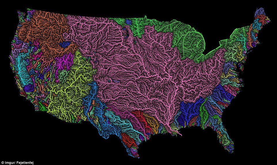moorejh's tweet photo. Stunning #map shows every river basin in the US https://t.co/UtchcYGm6C #geography #visualization #dataviz https://t.co/clteUt71Xt