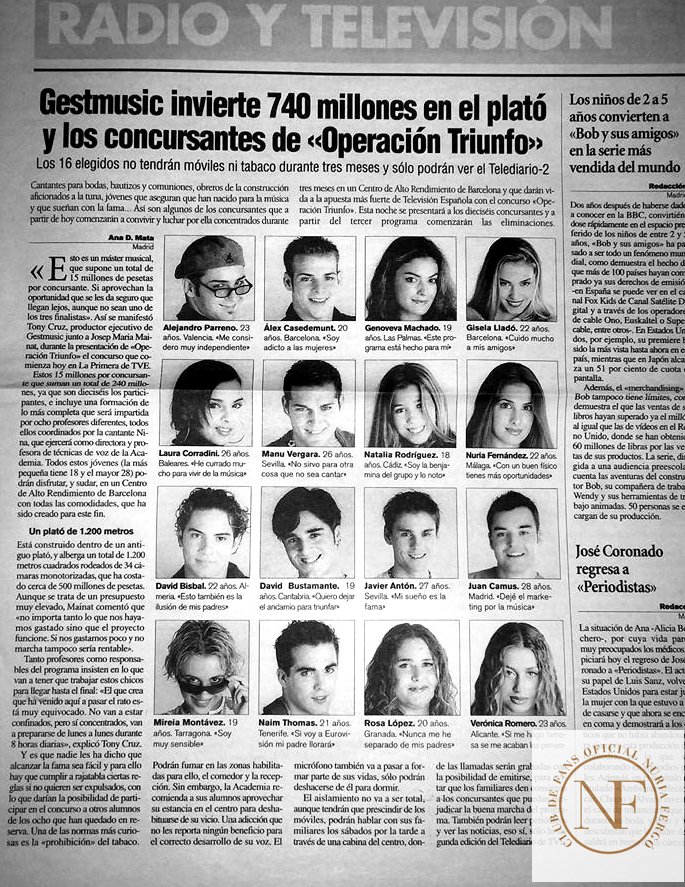 Hace hoy 15 años aparecía esta noticia en el periódico...nadie imaginabamos entonces lo que "Operación triunfo" significaría para muchos.