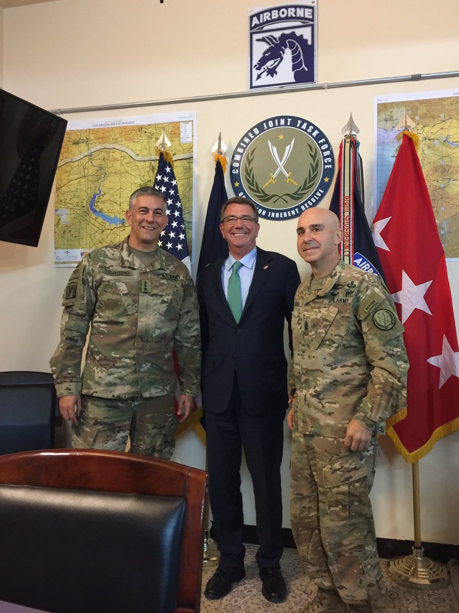 DeptofWar's tweet photo. #SecDef Carter meets with coalition leaders at @CJTFOIR HQ to discuss current fight to retake #mosul https://t.co/ve0Kukwwju