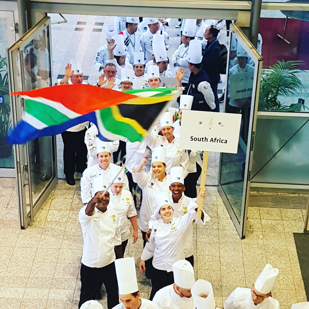 This is what team spirit looks like! <a href="/CulinaryTeamSA/">Culinary Team SA</a> preparing to enter the Parade of Nations last night <a href="/StratPR/">Strategic PR</a> <a href="/sa_chefs/">SA Chefs Association</a> #SAOlympicChef