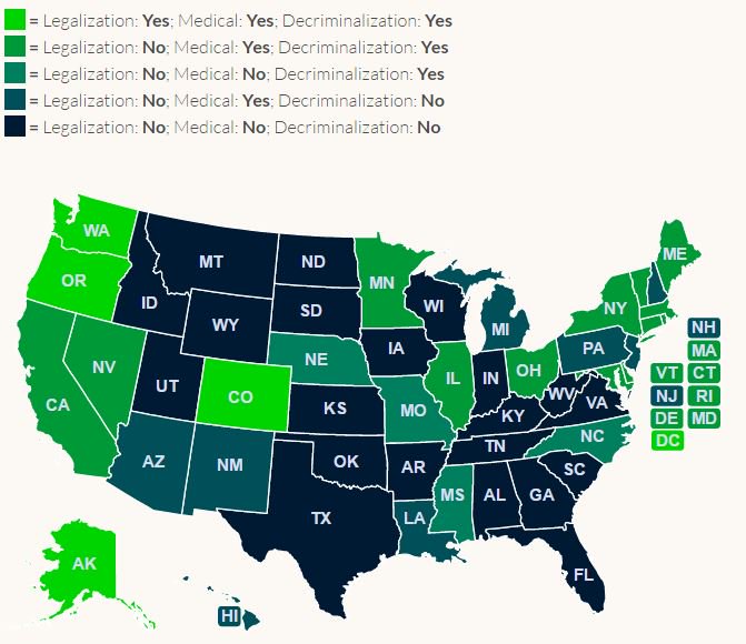 ASAMorg's tweet photo. #saturdaymorning: New ASAM resource. Interactive map for current legal status of #marijuana in every state. https://t.co/Bc3AMT3wo4 #debate https://t.co/ERsju58eeo