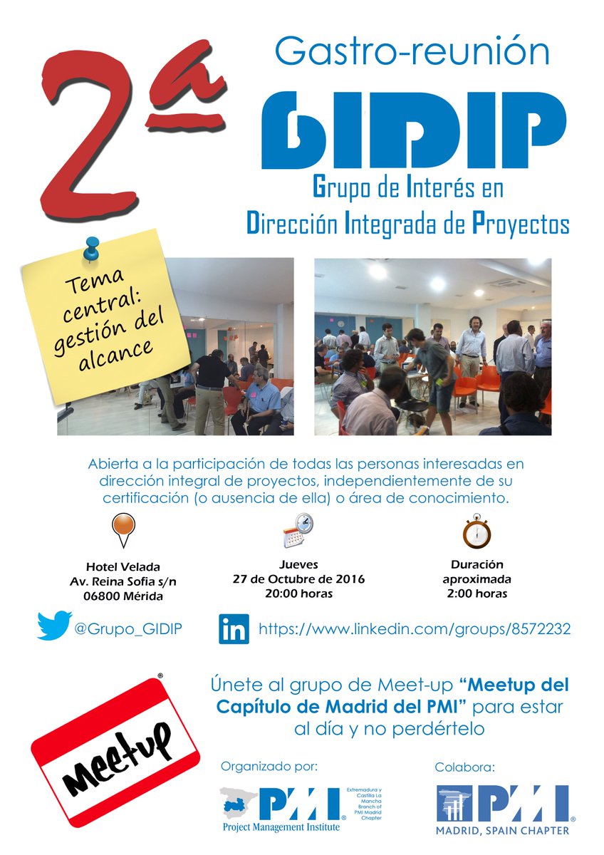 pmiexclmbranch's tweet photo. ¡YA TENEMOS PONENTES Y LUGAR! para la 2ª reunión de @Grupo_GIDIP. ¡APÚNTATE! https://t.co/IMd4I5uOPH @PMIMadridSpain @pmicylbranch #gidip2 https://t.co/m8nRUtL7So