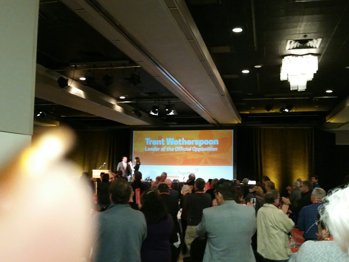 SaskatoonSE's tweet photo. Standing ovation for @WotherspoonT Leader of the official Opposition #skndp16 https://t.co/HTXMGJMxZn
