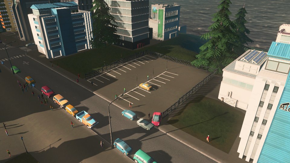 天海 Cities Skylines 駐車場アセット作ったけど路駐は減らないし歩行者が中心部に吸い込まれていくふしぎな広場になった