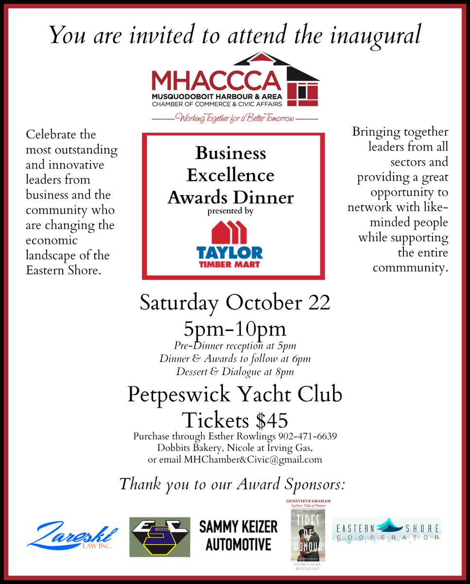 Tonight’s the big night! Winners posted here as announced: musquodoboitharbourchamber.com/business-excel… Tickets still available at <a href="/petpesyachtclub/">Petpeswick YC</a> 5pm