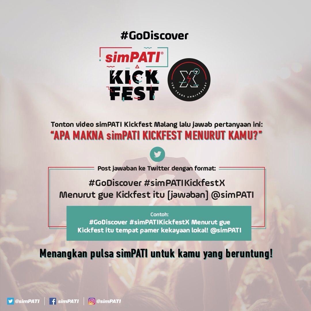 Siapa lagi yang mau pulsa ratusan ribu? Retweet!

Langsung ikutan #GoDiscover #simPATIKickfestX. Cek mekanismenya berikut! cc <a href="/kickfest/">KICKFEST</a>
