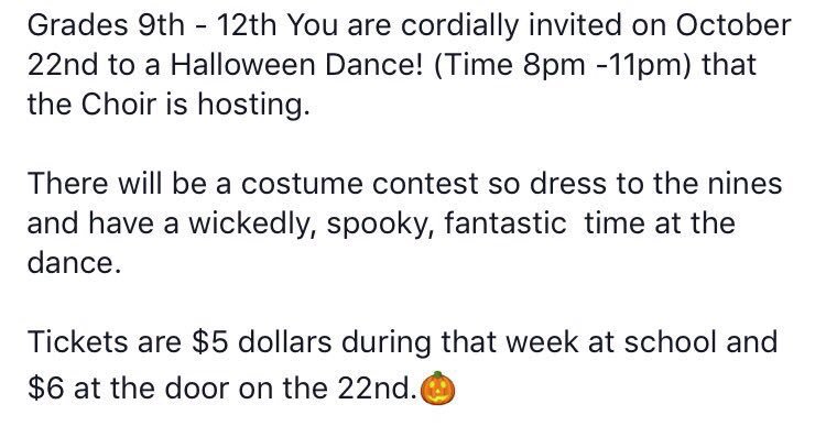 FHSLife's tweet photo. It's perfect weather for a Halloween Dance! Grab your costume and come have fun! 🎃👹👻 See you there! https://t.co/U1bW5Mobh1