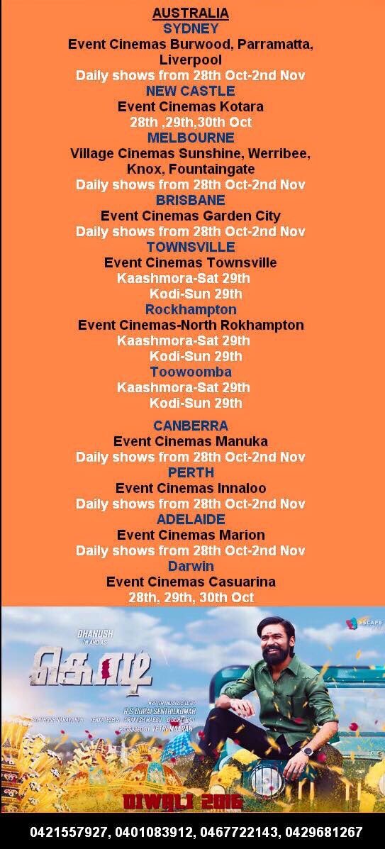 TamilMovies_Aus's tweet photo. #Kodi #Kaashmora #SouthernStarIntl  #28Oct #Deepavali #Australia #NewZealand schedule.#Villagecinemas #Eventcinema bookings open https://t.co/CNh8N3Tlwe