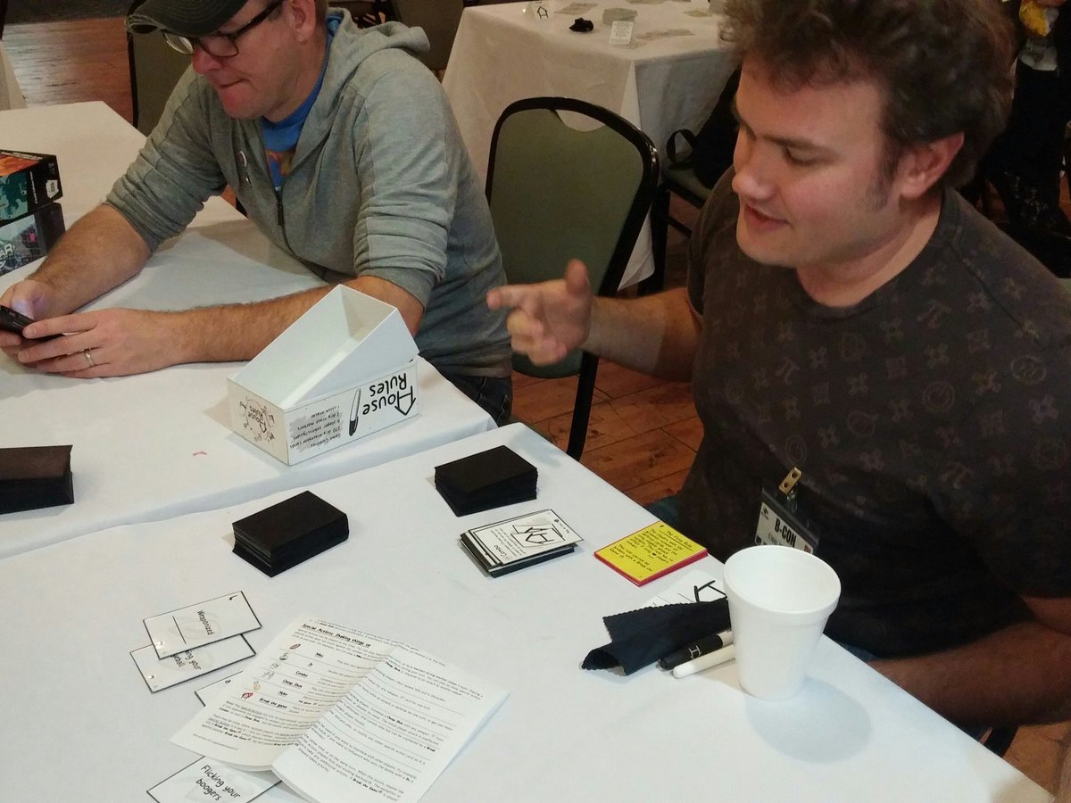 BgCornerSquad's tweet photo. First prototype: "House Rules" #BCon https://t.co/RZVhaKpIpx