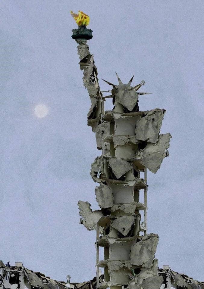 Statue of Liberty made from bombed rubble of Aleppo, by Syrian artist Tammam Azzam. Devastating.