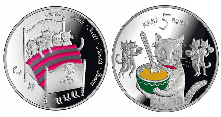 Latgold's tweet image. #Latvian #silver coin Fairy tale coin I. Five cats. Fineness 925.Quality: proof with multi-coloured print bit.ly/1REr1Cu