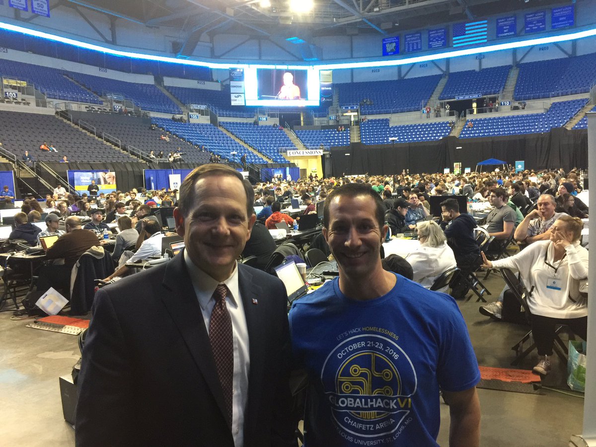 MayorSlay's tweet photo. With Gabe Lozano, GlobalHack board member and co-founder, at the host venu, SLU's Chaivetz Arena. #GlobalHackVI #fgs https://t.co/BXfPdLutfs
