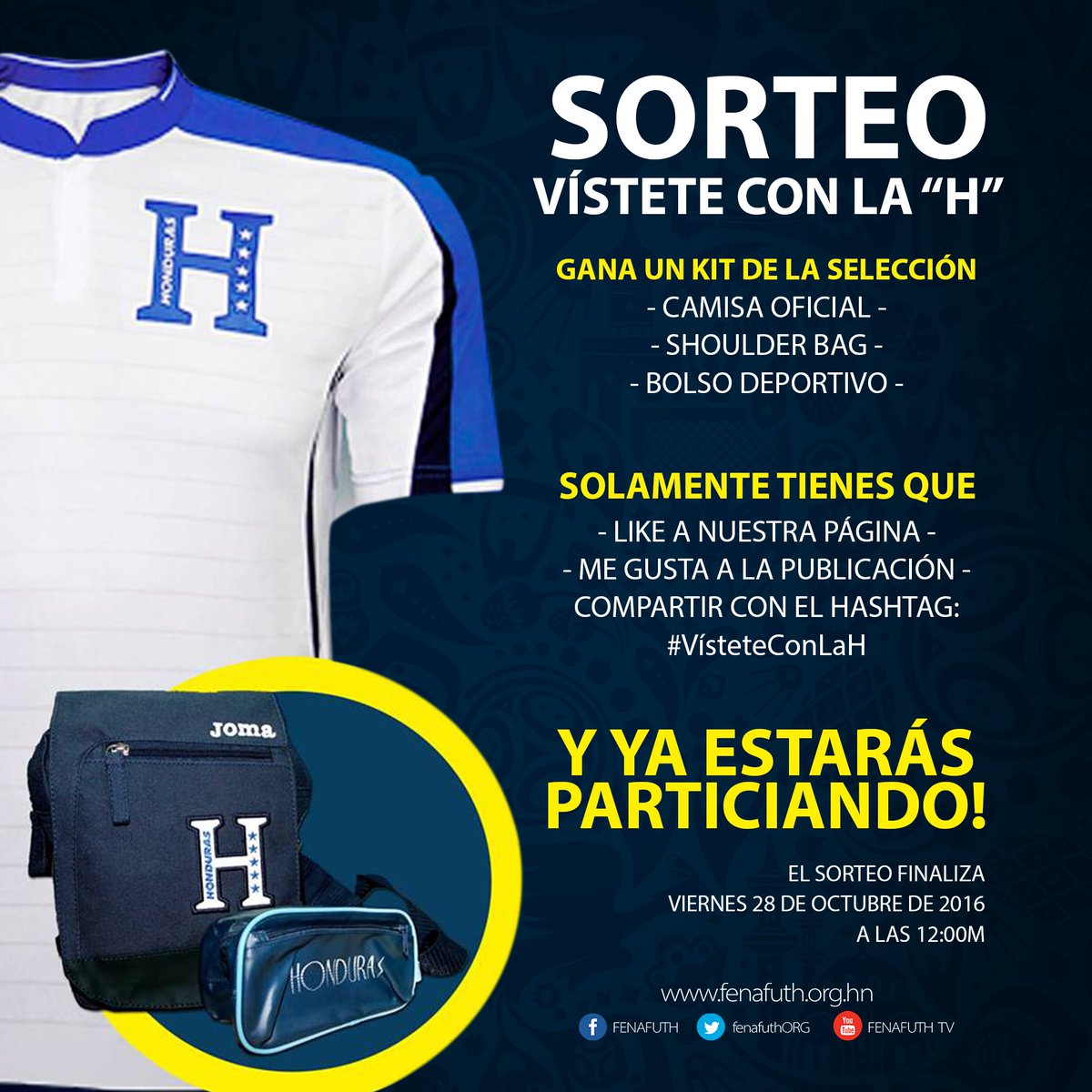 GÁNATE UN KIT DE LA "H"

Solo tienes que:
> Darle Me gusta
> Retweet con el hashtag: #VísteteConLaH

Y ya estarás participando!