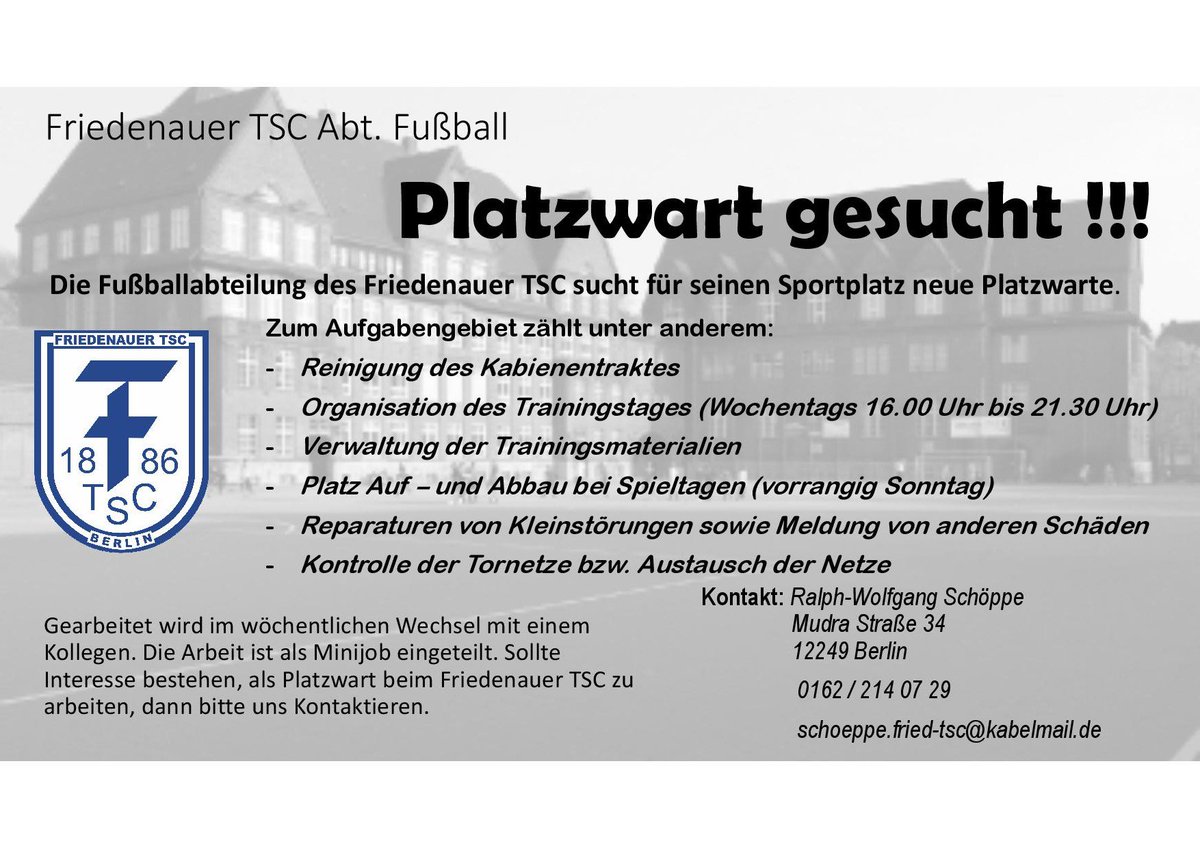 friedenauer_tsc's tweet photo. Wir suchen neue Platzwarte!!!!
Bei Intresse kontaktiert UNS!
#RUNTSC https://t.co/tCfkoCkuqI