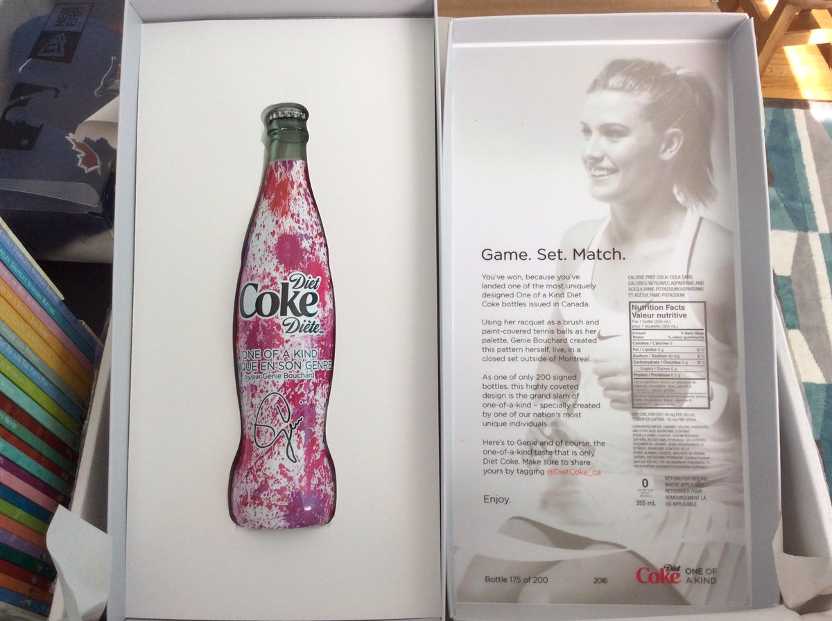 GTA_Events's tweet photo. THANK YOU @dietcoke_ca and @geniebouchard for my awesome #OneofaKind designed bottle. 175/200 #wouldloveasignedphoto #canadianchampion https://t.co/jyBmrbtQ9W